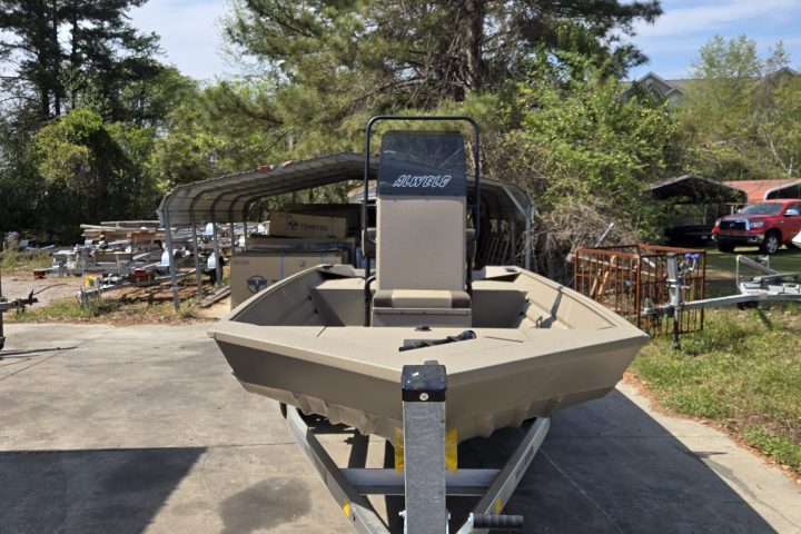 Flat-bottomed boat on a trailer parked on a driveway under a tree.